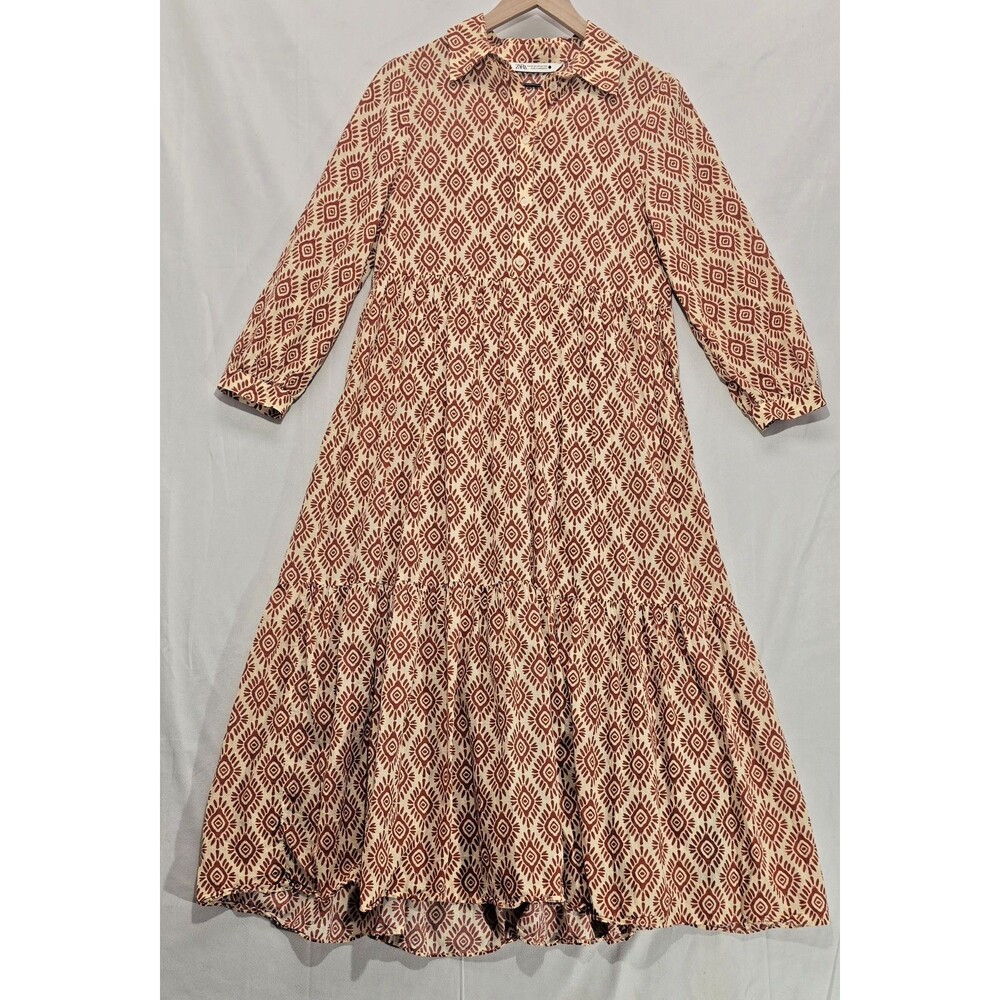 Zara Karen Geo Print Tiered Midi Dress Cotton Red Cream Popover Boho Cottage XS